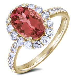 African Pink Tourmaline and Canadian Diamond Halo Ring in Yellow Gold