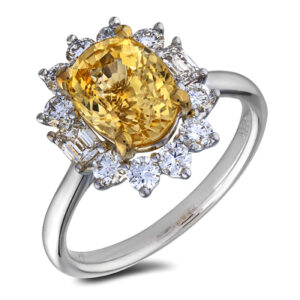 Unheated Madagascar Yellow Sapphire and De Beers Forevermark Diamond Halo Ring in 18K Gold