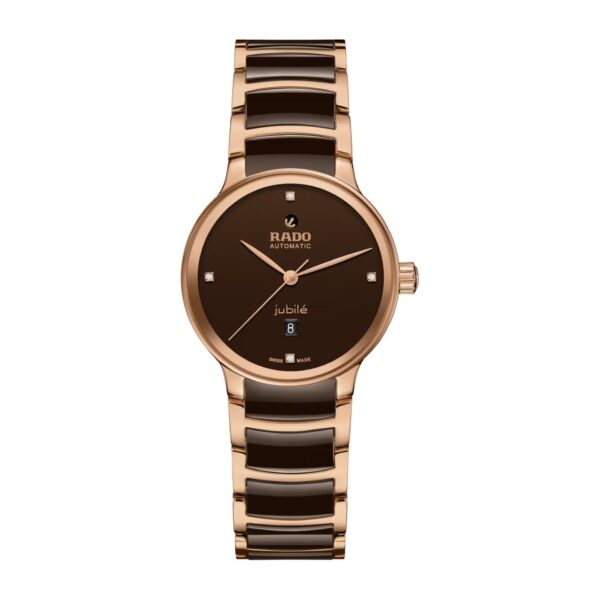 The classic Centrix Automatic Diamonds watch has been reworked not only technically, but also aesthetically. The modified model has a rounded sapphire crystal that extends all the way to the edge and a curved case blending with the curved crystal edge. The overall appearance of this iconic timepiece is completed with adjusted case lugs and a bracelet made of polished rose-gold-coloured PVD-coated stainless steel with brown high-tech ceramic middle links. The brown lacquered dial with 4 diamonds, emphasised with the printed “jubilé” logo, matches perfectly with the rose-gold-coloured hands. Inside, the three-hand calibre R582 movement exceeds standard accuracy test requirements from 3 to 5 positions, thanks to its antimagnetic Nivachron™ hairspring for increased reliability and accuracy. The watch is water resistant down to 50 m and offers 48 hours of power reserve.