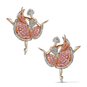 Diamond And Pink Sapphire Prima Ballerina Earrings in 18K White and Rose Gold
