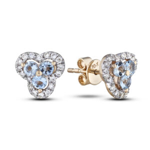Aquamarine And Canadian Diamond Flower Clover Halo Stud Earrings In Yellow Gold