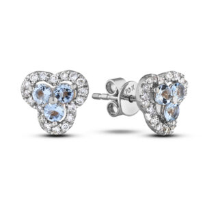 Aquamarine And Canadian Diamond Flower Clover Halo Stud Earrings In White Gold