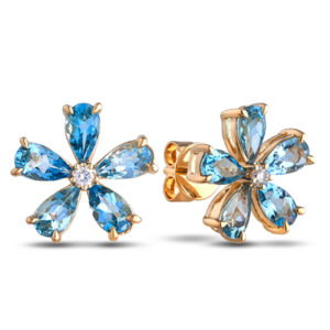 Canadian Diamond And Aquamarine Flower Earrings in Yellow Gold