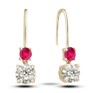 Ruby and Canadian Diamond Dainty Drop Earrings in Yellow Gold