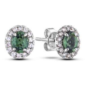 Oval Color Changing Alexandrite and Canadian Diamond Halo Stud Earrings in 14K White Gold
