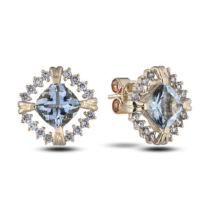 Aquamarine and Canadian Diamond Halo Stud Earrings In Yellow Gold