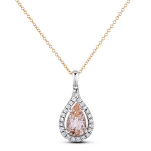 Pear Shape Morganite and Canadian Diamond Halo Pendant in White and Rose Gold