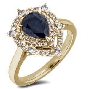 Pear Sapphire and Canadian Diamond Double Halo Ring in Yellow Gold