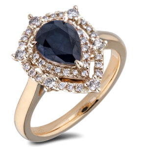 Pear Sapphire and Canadian Diamond Double Halo Ring in Yellow Gold