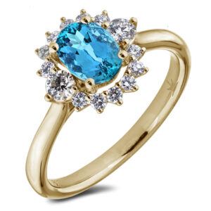 Oval Blue Topaz & Round Brilliant Cut Canadian Diamond Halo Ring in Yellow Gold