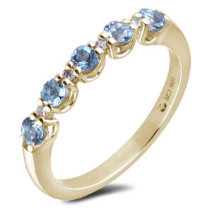 Round Shaped Aquamarine and Canadian Diamond Anniversary Ring in Yellow Gold