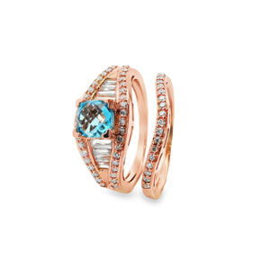 Blue Topaz and Canadian Diamond Engagement Ring and Wedding Band Set in 14K Rose Gold