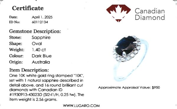 Oval Australian Sapphire and Canadian Diamond Halo Ring in White Gold - Image 4