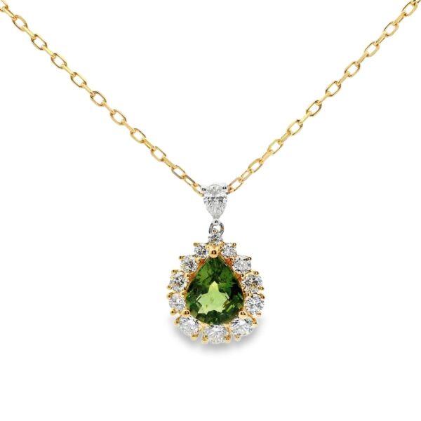 Non Heated Green Sapphire and De Beers Forevermark Diamond Halo Pendant in 18K Gold