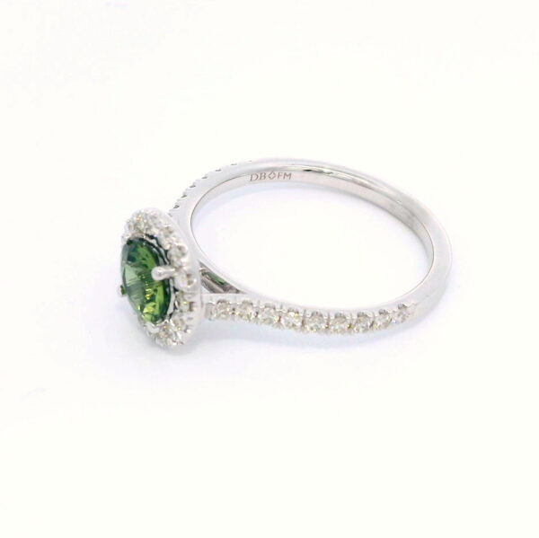 Madagascar Non Heated Green Sapphire and De Beers Forevermark Diamond Halo Ring in 14K White Gold - Image 2