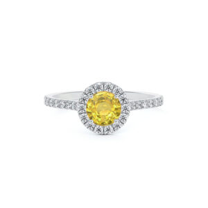 Tanzanian Canary Yellow Sapphire and De Beers Forevermark Diamond Halo Ring in 14K White Gold