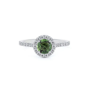 Tanzanian Non Heated Green Sapphire and De Beers Forevermark Diamond Halo Ring in 14K Gold