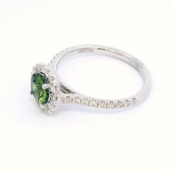 Madagascar Non Heated Green Sapphire and De Beers Forevermark Diamond Halo Ring in 14K White Gold - Image 2