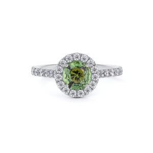 Madagascar Non Heated Green Sapphire and De Beers Forevermark Diamond Halo Ring in 14K White Gold