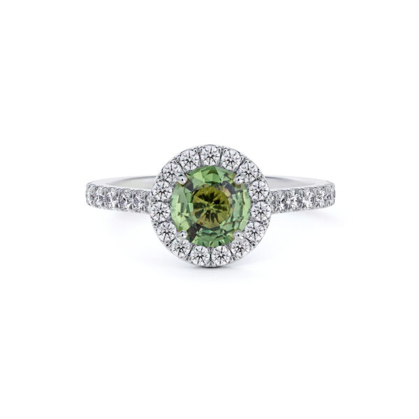 Madagascar Non Heated Green Sapphire and De Beers Forevermark Diamond Halo Ring in 14K White Gold