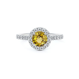 Tanzanian Non Heated Yellow Sapphire and De Beers Forevermark Diamond Halo Ring in 14K White Gold