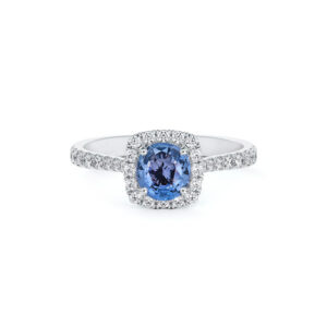 Tanzanian Non Heated Blue Sapphire and De Beers Forevermark Diamond Halo Ring in 14K Gold