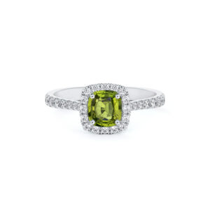 Tanzanian Non Heated Green Sapphire and De Beers Forevermark Diamond Halo Ring in 14K Gold