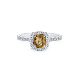 Madagascar Non Heated Honey Yellow Sapphire and De Beers Forevermark Diamond Halo Ring in 14K Gold