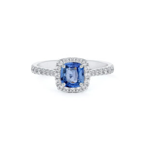 Madagascar Non Heated Cushion Cut Sapphire and De Beers Forevermark Diamond Halo Ring in 14K Gold