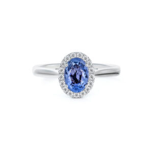Non Heated Madagascar Sapphire and De Beers Forevermark Diamond Oval Halo Ring in 14K White Gold