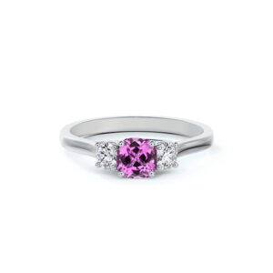 Non Heated Pink Sapphire and De Beers Forevermark Diamond Trilogy Style Ring in 14K White Gold