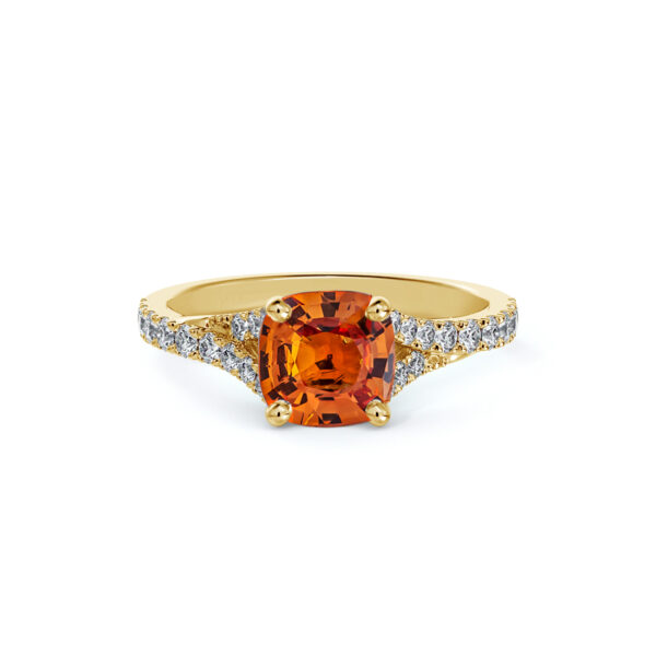 Padparadscha Color Orange Sapphire and De Beers Forevermark Diamond Split Engagement Ring in 14K Yellow Gold