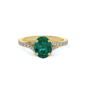 Oval Brazilian Emerald and De Beers Forevermark Diamond Split Shank Accent Ring in 14K Yellow Gold