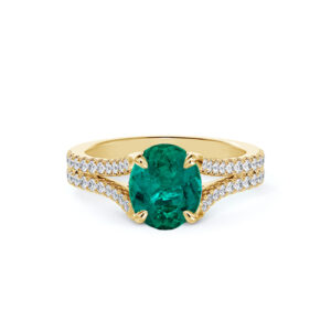Brazilian Emerald and De Beers Forevermark Diamond Split Shank Ring in 14K Yellow Gold
