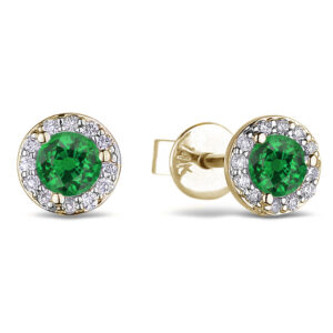 Emerald and Canadian Diamonds Halo Stud Earrings in Yellow Gold