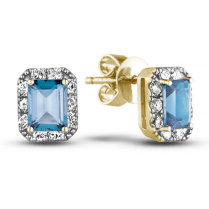 Aquamarine & Canadian Diamond Halo Stud Earrings in Yellow Gold