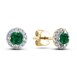 Emerald & Canadian Diamond Halo Stud Earrings in Yellow Gold