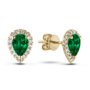Canadian Diamond and Pear Shaped Emerald Stud Earrings in Yellow Gold
