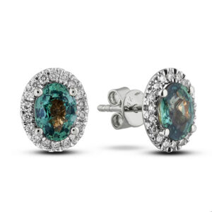 Oval Shape Green Sapphire and Canadian Diamond Halo Stud Earrings in 14K White Gold