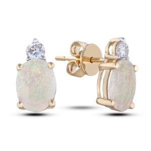 Cabochon Opal and Canadian Diamond Stud Earrings in 14K Yellow Gold