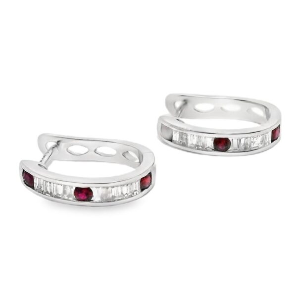 Baguette Cut Canadian Diamond and Ruby Hoop Earrings in White Gold