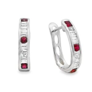 Baguette Cut Canadian Diamond and Ruby Hoop Earrings in White Gold