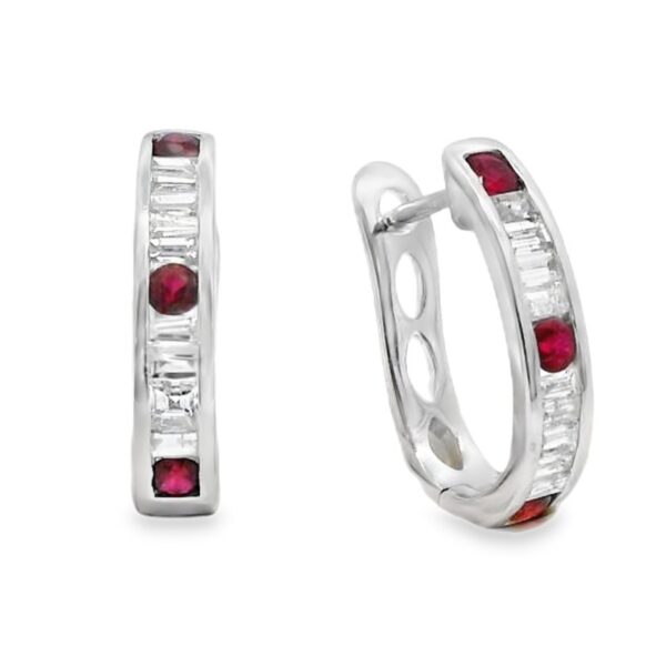 Baguette Cut Canadian Diamond and Ruby Hoop Earrings in White Gold