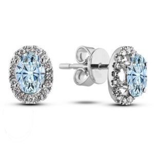 Oval Cut Aquamarine and Canadian Diamond Halo Stud Earrings in White Gold