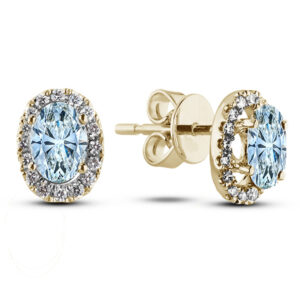 Oval Cut Aquamarine and Canadian Diamond Halo Stud Earrings in Yellow Gold