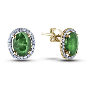 Oval Cut Emerald and Canadian Diamond Halo Stud Earrings in Yellow Gold