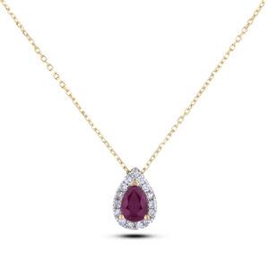 Pear Shaped Ruby and Canadian Diamond Halo Pendant In Yellow Gold