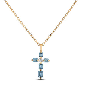 De Beers Forevermark Diamond and Aquamarine Cross Pendant in 18K Yellow Gold