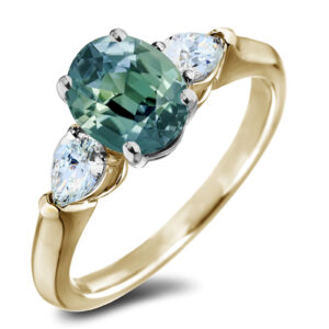 Green Teal Sapphire and De Beers Forevermark Diamond Trilogy Style Ring in 18K Yellow Gold