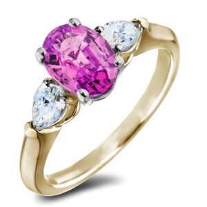 Non Heated Madagascar Pink Sapphire and De Beers Forevermark Diamond Trilogy Style Ring in 18K Yellow Gold
